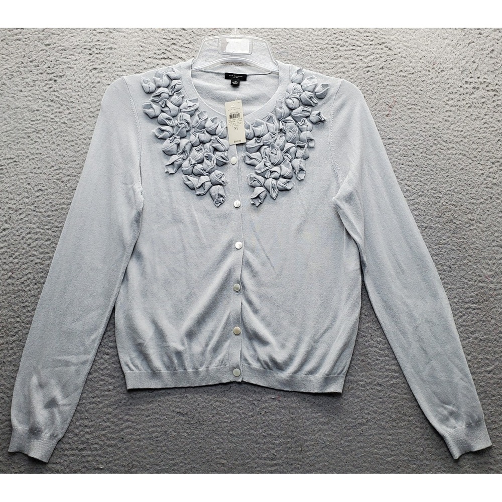 Ann Taylor Cardigan Sweater Womens M Gray 3D Floral Rosettes Neck Button Front